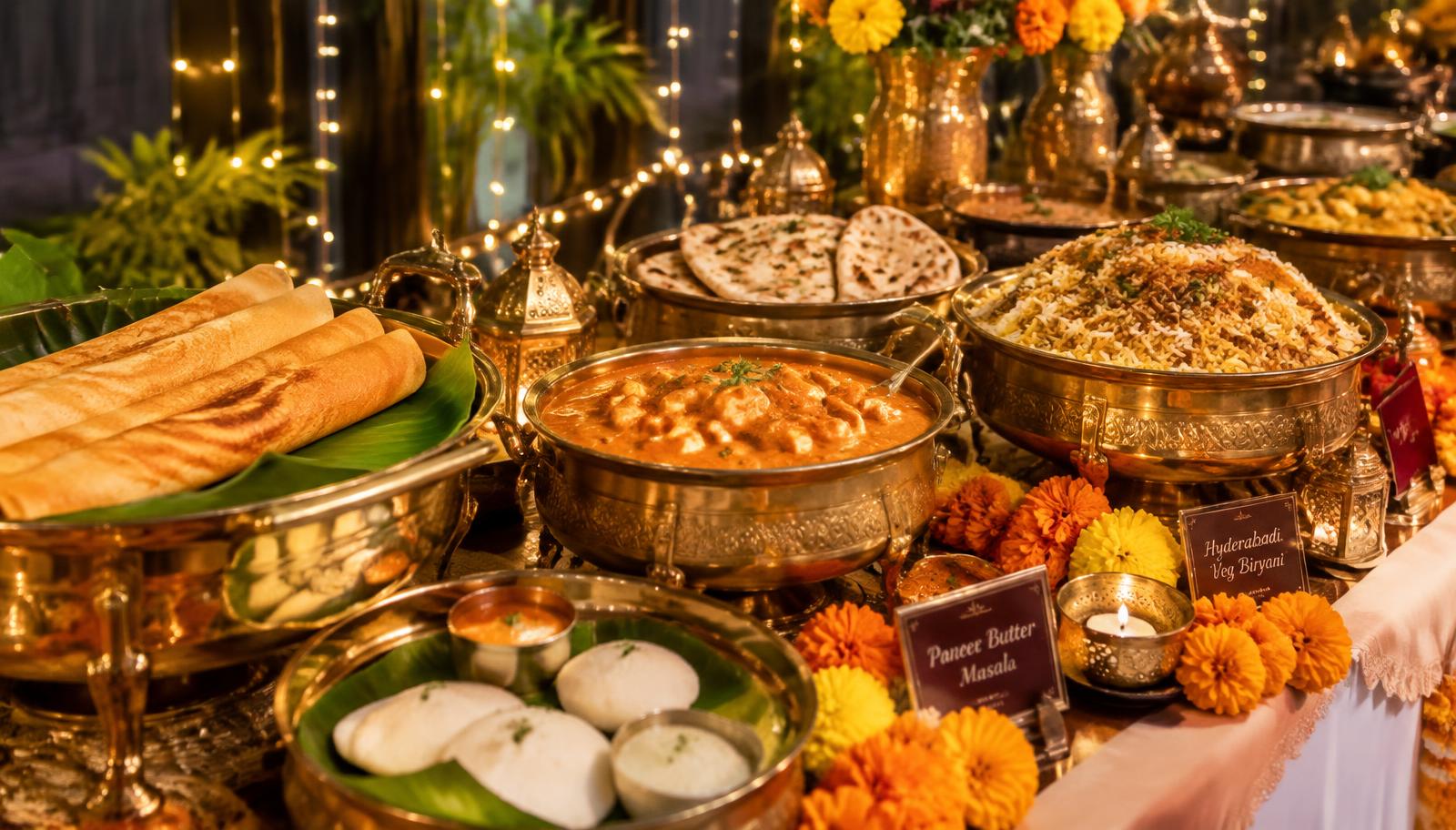 Catering buffet with dosa, idli, curries and breads