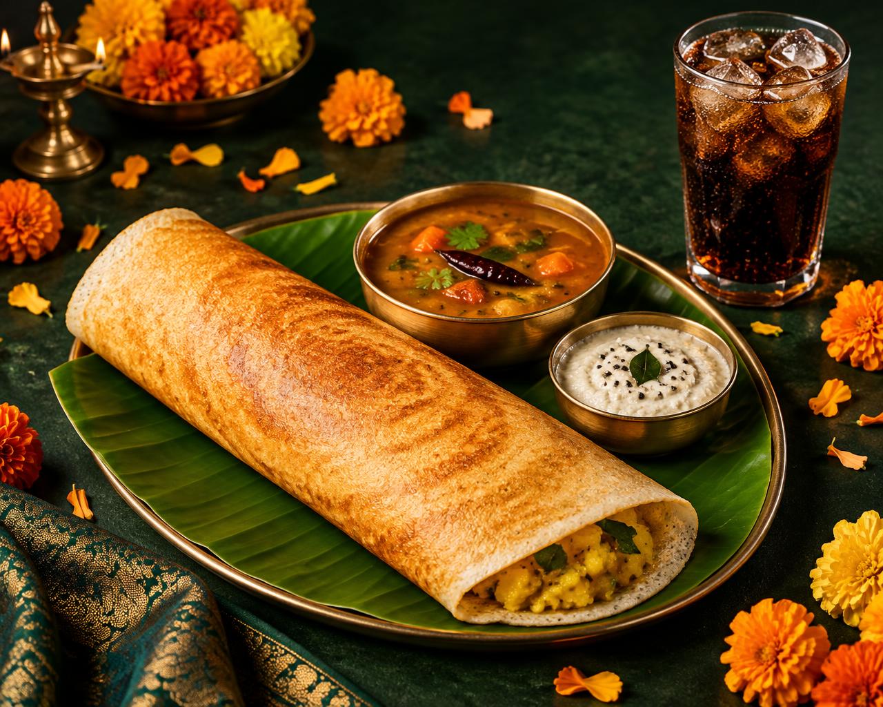 Masala dosa with a cold drink